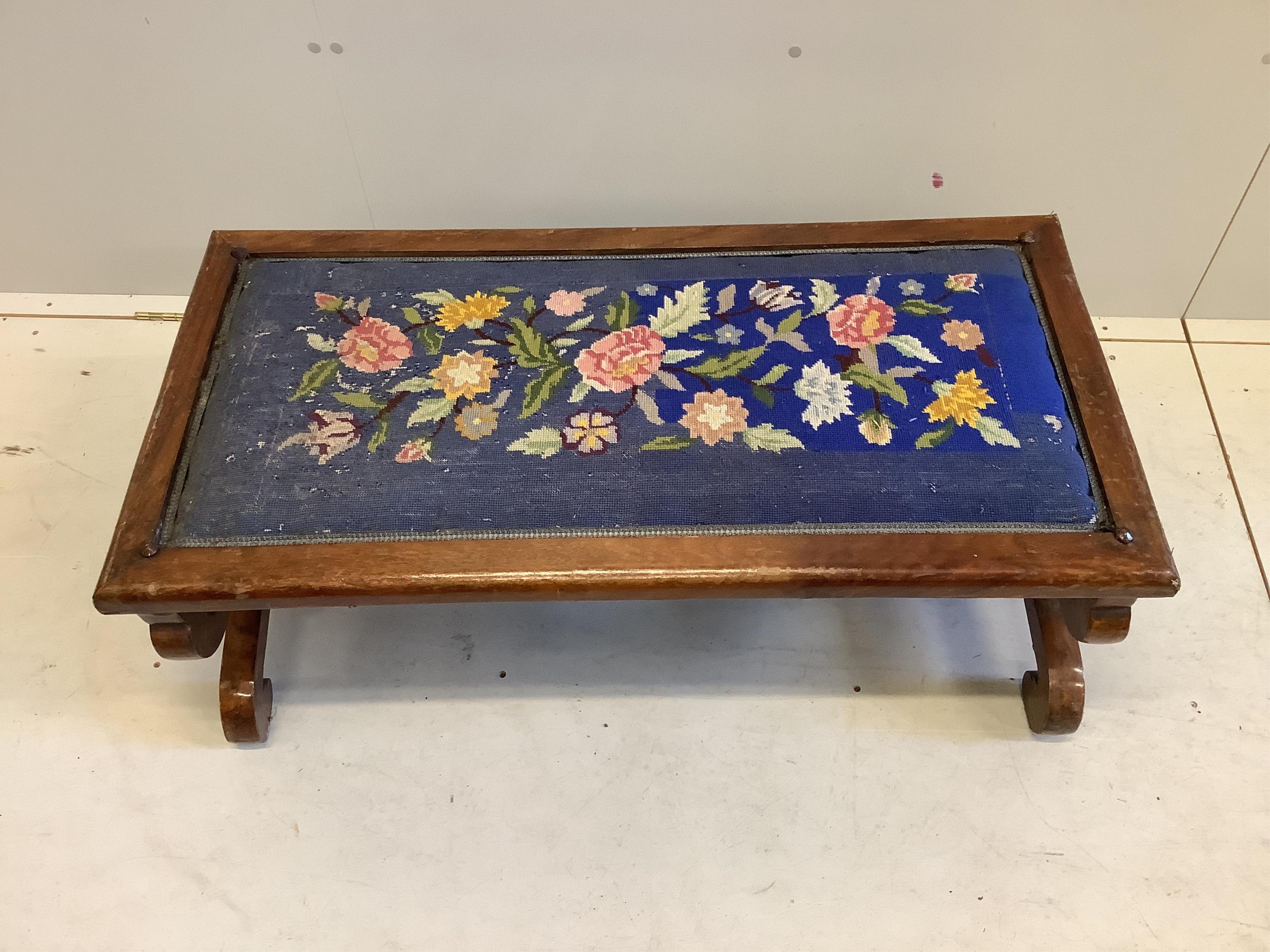 A Victorian mahogany X framed petit-point stool, width 52cm, depth 51cm, height 36cm. Condition - poor